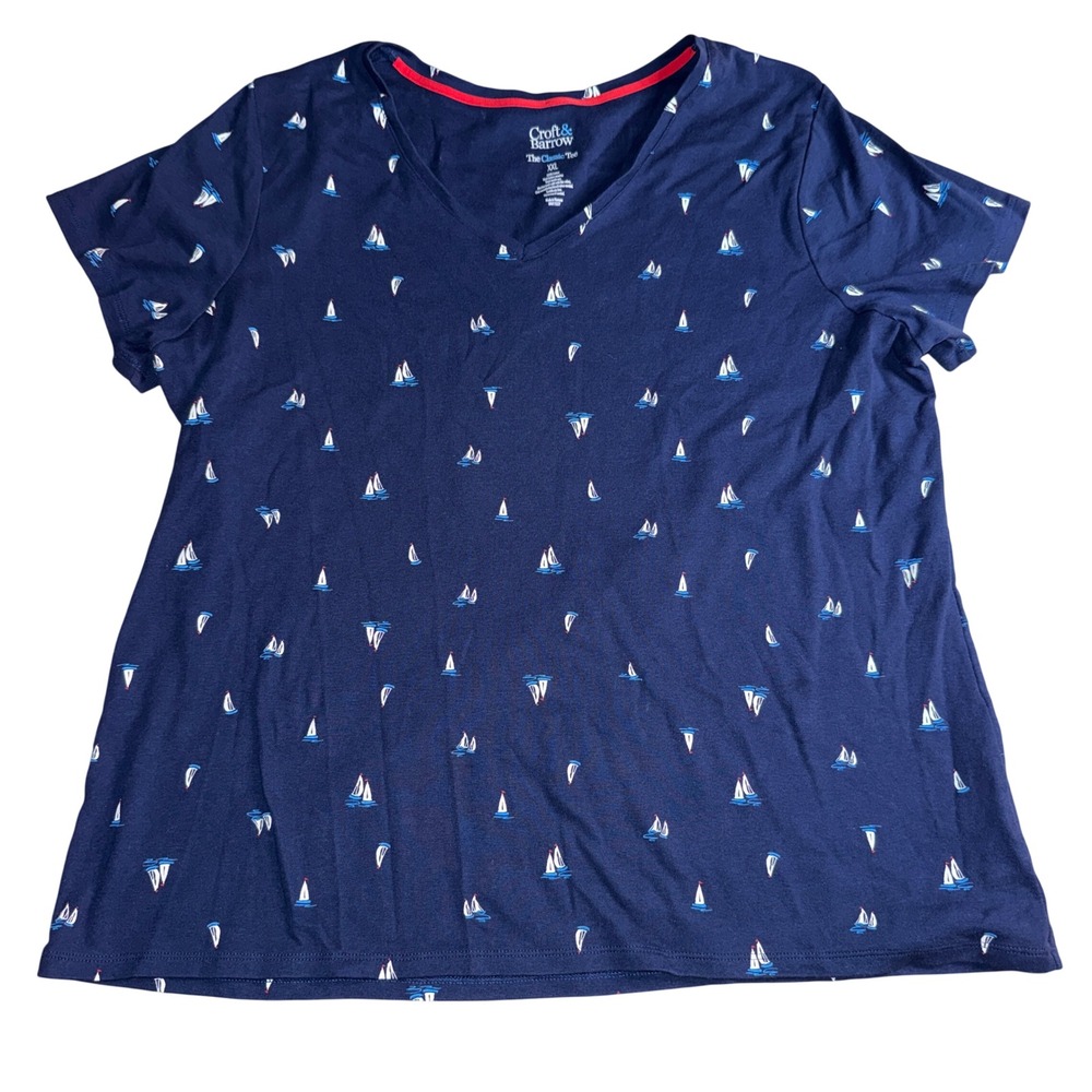 Croft & Barrow V-Neck T-Shirt XXL Navy Blue Sailboat Print Short Sleeve Cotton